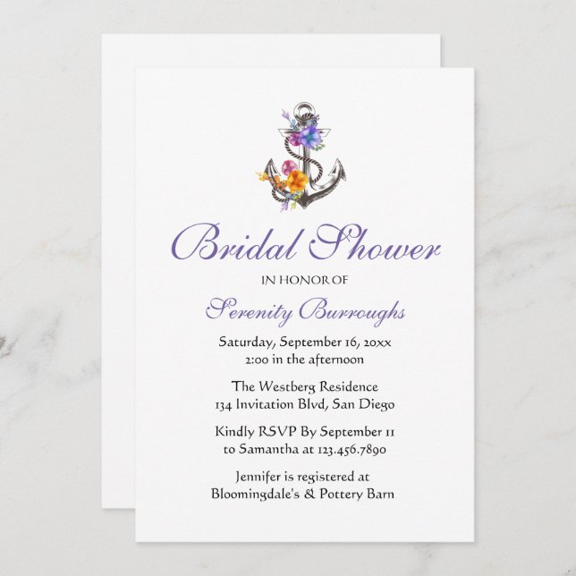 Blommigt Anchor Lila Beach Nautical Möhippa Inbjudningar (Fram/baksida)