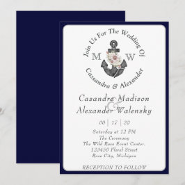 Blommigt Anchor med Rope Beach Wedding Navy Blue Inbjudningar