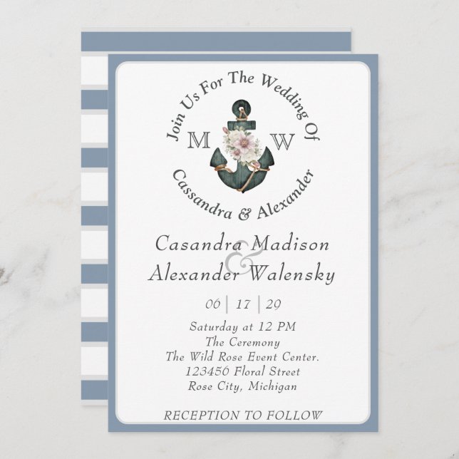 Blommigt Anchor Nautical Bröllop Dusty Blue Rand Inbjudningar (Fram/baksida)