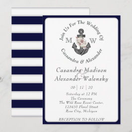 Blommigt Anchor Nautical Bröllop Navy Blue Rand Inbjudningar