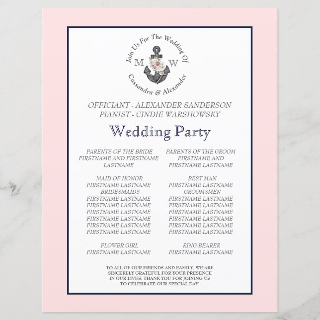 Blommigt Anchor Nautical Bröllop Rosa Navy Blue (Baksida)