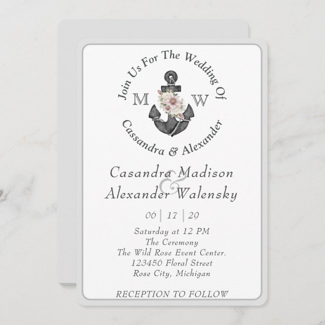 Blommigt Anchor Nautical Bröllop Silver Grått Rand Inbjudningar (Fram/baksida)