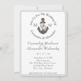 Blommigt Anchor Nautical Bröllop Silver Grått Rand Inbjudningar