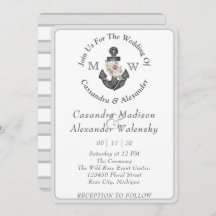 Blommigt Anchor Nautical Bröllop Silver Grått Rand