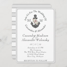 Blommigt Anchor Nautical Bröllop Silver Grått Rand Inbjudningar