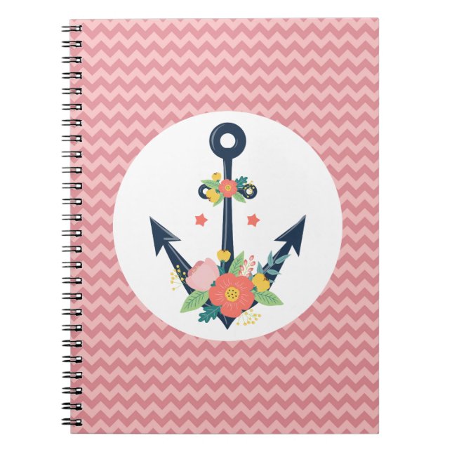 Blommigt Anchor Nautical Faith Navy & Coral Chevro Anteckningsbok Med Spiral (Framsidan)