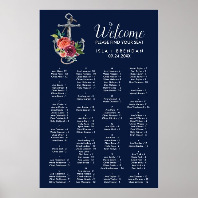 Blommigt Anchor Navy Autumn Alphabetical Bord plan Poster (Framsidan)