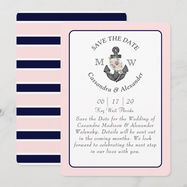 Blommigt Anchor Navy Blue Rosa Nautical Bröllop Inbjudningar (Fram/baksida)