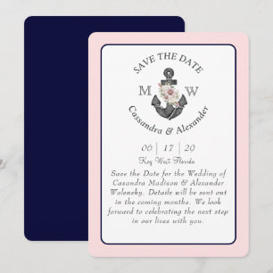 Blommigt Anchor Navy Blue Rosa Nautical Bröllop Inbjudningar