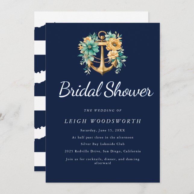 Blommigt Anchor Navy Sommar Inbjudningskort för mö (Fram/baksida)