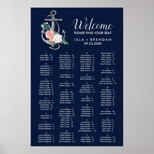 Blommigt Anchor Navy Summer Alphabetical Bord plan Poster (Framsidan)