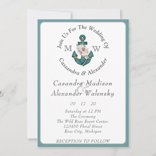Blommigt Anchor Rope Beach Wedding Teal Aqua Blue Inbjudningar (Framsida)