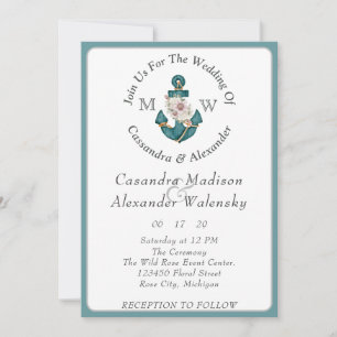 Blommigt Anchor Rope Beach Wedding Teal Aqua Blue Inbjudningar