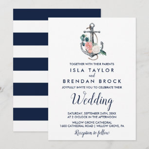 Blommigt Anchor Sommar Bröllop Inbjudningar