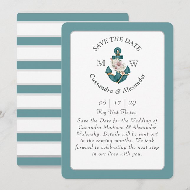 Blommigt Anchor Teal Aqua Blue Nautical Bröllop Inbjudningar (Fram/baksida)
