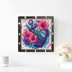 Blommigt Anchor Tropical Vibes Fyrkantig Klocka
