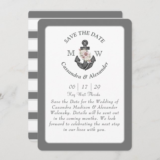 Blommigt Anchor White Silver Grått Nautical Bröllo Inbjudningar (Fram/baksida)