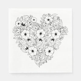 Blommigt Anemone Black & Wite Heart Flower Bröllop Pappersservett