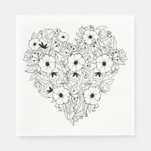 Blommigt Anemone Black & Wite Heart Flower Bröllop Pappersservett