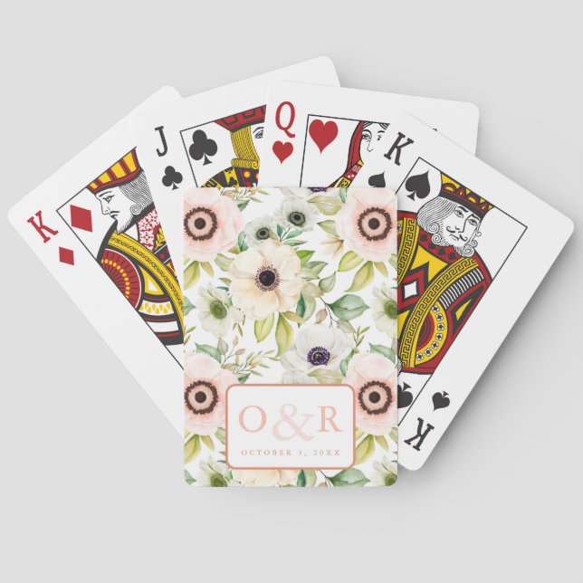 Blommigt Anemone Monogram Bröllop-spel Casinokort (Baksidan)