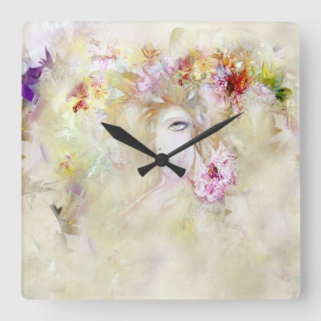 Blommigt Angel Clock Fyrkantig Klocka (Framsida)
