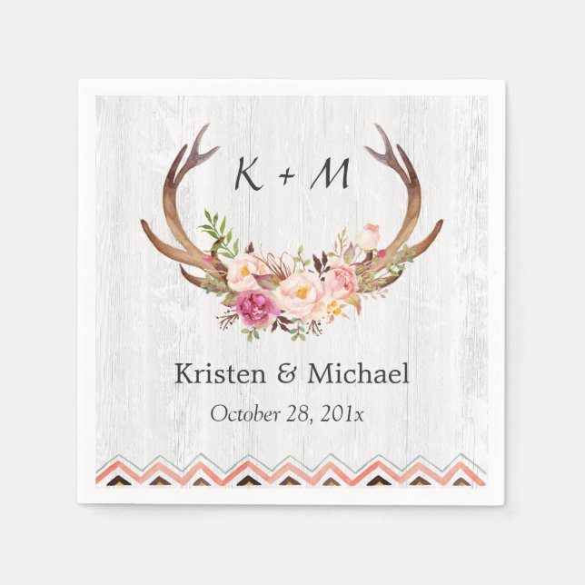 Blommigt Antler Boho Decor Rustic White Wood Bröll Pappersservett (Framsidan)