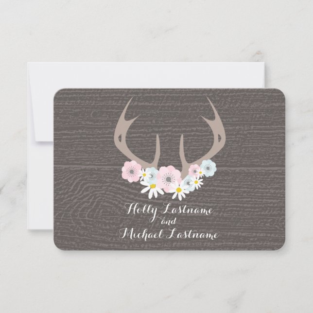 Blommigt Antlers + Barn Wood Bröllop OSA Kort (Framsida)