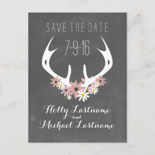 Blommigt Antlers + Chalkboard Inspiced Save Date Meddelande Vykort