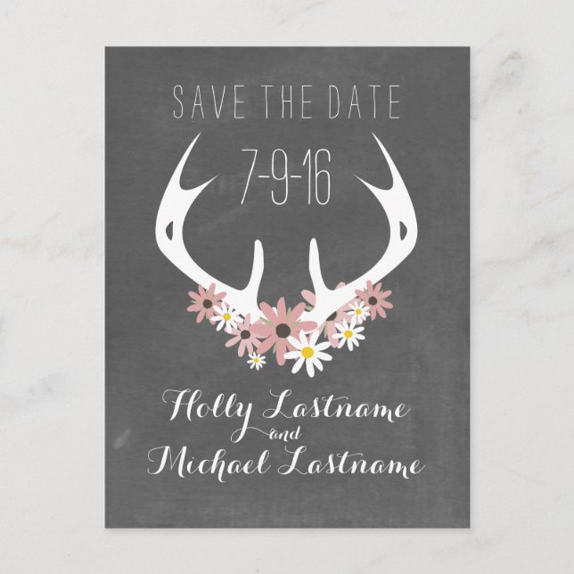 Blommigt Antlers + Chalkboard Inspiced Save Date Meddelande Vykort (Framsida)