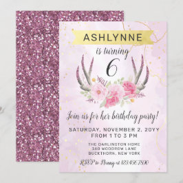 Blommigt Antlers &  Rosa Guld Marble Birthday I Inbjudningar