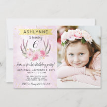 Blommigt Antlers &  Rosa Guld Marble Birthday