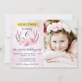 Blommigt Antlers &  Rosa Guld Marble Birthday Inbjudningar