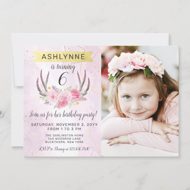 Blommigt Antlers &  Rosa Guld Marble Birthday Inbjudningar (Framsida)