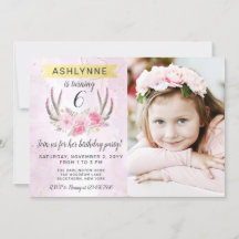 Blommigt Antlers &  Rosa Guld Marble Birthday