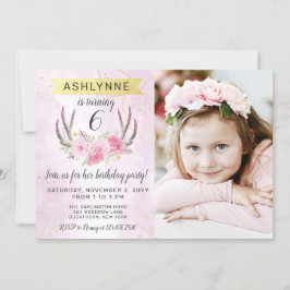 Blommigt Antlers &  Rosa Guld Marble Birthday Inbjudningar