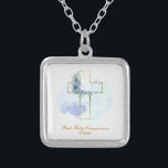 *~* Blommigt AP35 Communion Christian Confirmation Silverpläterat Halsband<br><div class="desc">(sök-ID AP35 för liknande formgivning )) ENKEL MINIMAL Design. BLUE blommigt bouquet på kor / crucifix SQUARE SHAPE Bakgrunden är WHITE. Textteckensnittet är finare, elegant och sofistikerat kalligrafiskript. Utformningen är mycket enkel och minimal. Religiösa katolsk kristen välsignad Kor-design med en BLUE FLOWER-andedräkt för en flicka eller pojke i alla åldrar...</div>