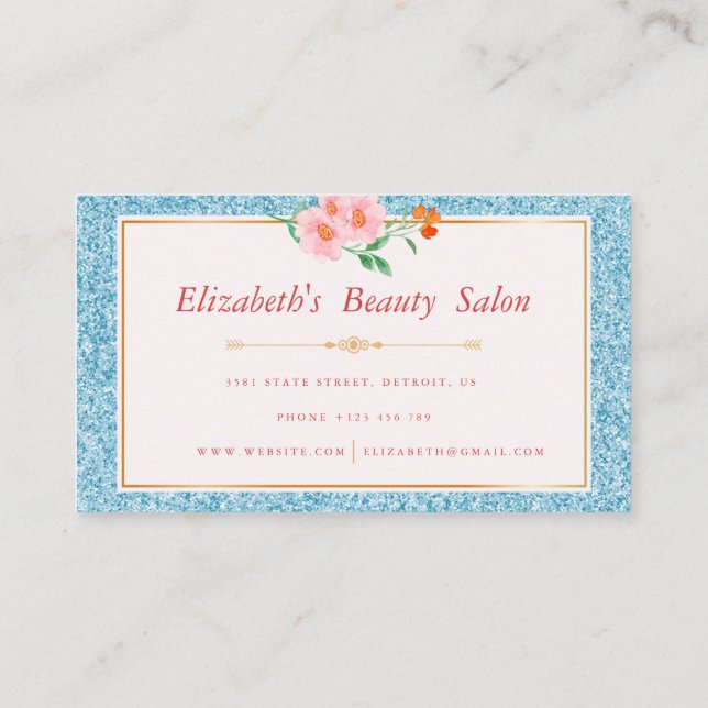 Blommigt Aqua Blue Glitter Makeup Artist Beauty Visitkort (Baksida)