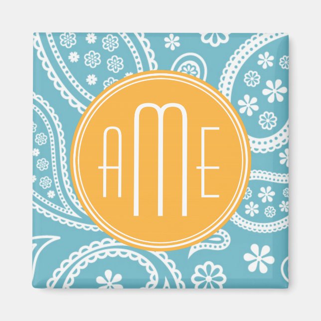 Blommigt Aqua Blue Paisley Mönster & Gult Monogram Magnet (Framsidan)