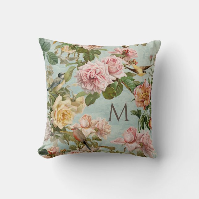 Blommigt Aqua Mint Ro Vintage Elegant Monogram Kudde (Framsida)