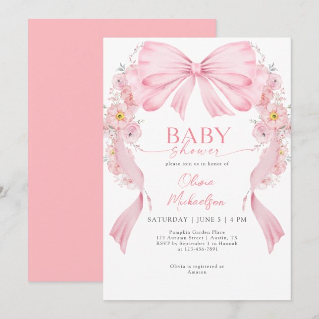 Blommigt Arch Girl Ribbon Bow Coquette Baby Shower Inbjudningar (Fram/baksida)