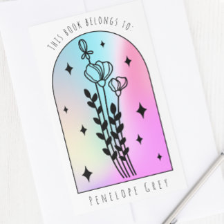 Blommigt Arch Hologram Pastel Bok Plate Rektangulärt Klistermärke