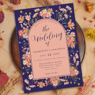 Blommigt Arch Navy Blue Elegant Fall bröllop Inbjudningar