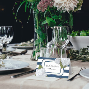 Blommigt Art av marin blå och vit stripe Hydrangea Placeringskort