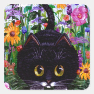 Blommigt Art Black Tuxedo Cat Flowers Creationarts Fyrkantigt Klistermärke