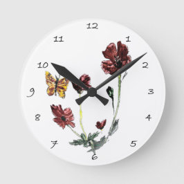 Blommigt Art Butterfly Poppy Flowers Rund Klocka