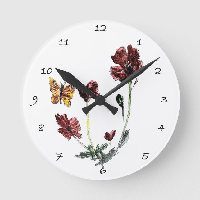 Blommigt Art Butterfly Poppy Flowers Rund Klocka (Framsida)