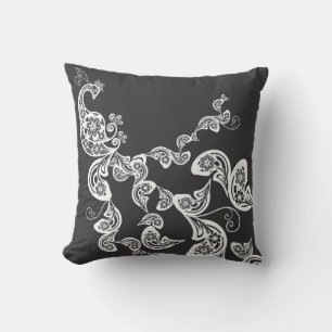 Blommigt Art Deco Peacock Mönster White Art Cushio Kudde