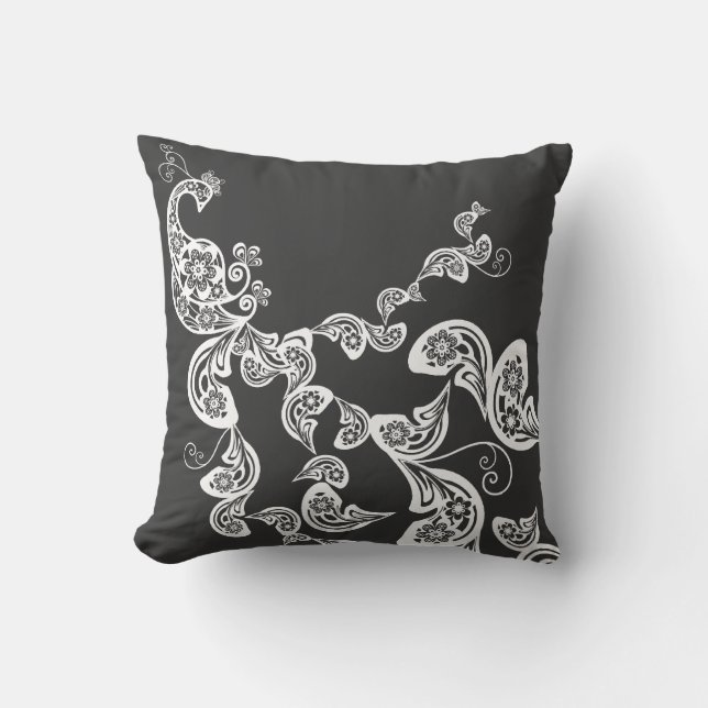 Blommigt Art Deco Peacock Mönster White Art Cushio Kudde (Framsida)
