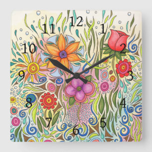 Blommigt Art Design Flower 12 Fyrkantig Klocka