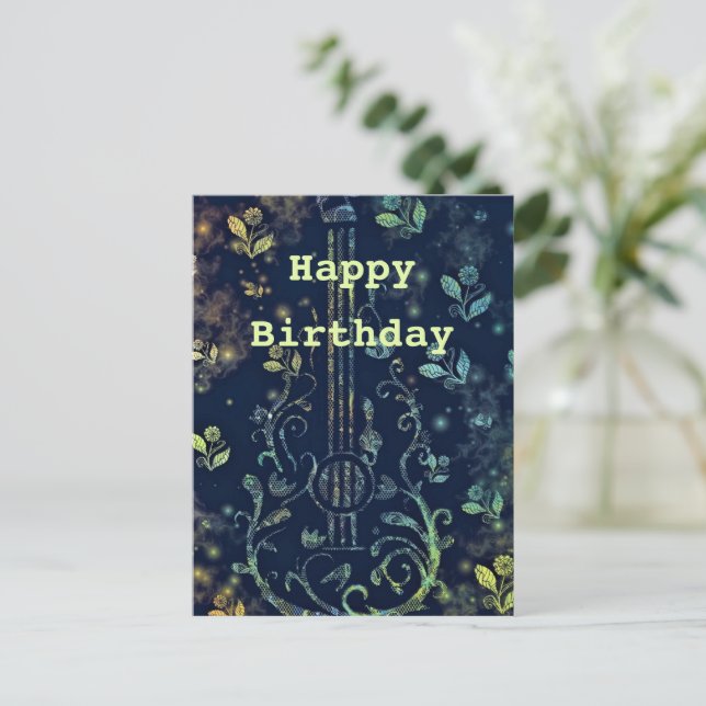 Blommigt Art Guitar Birthday Card Vykort (Stående Fram)